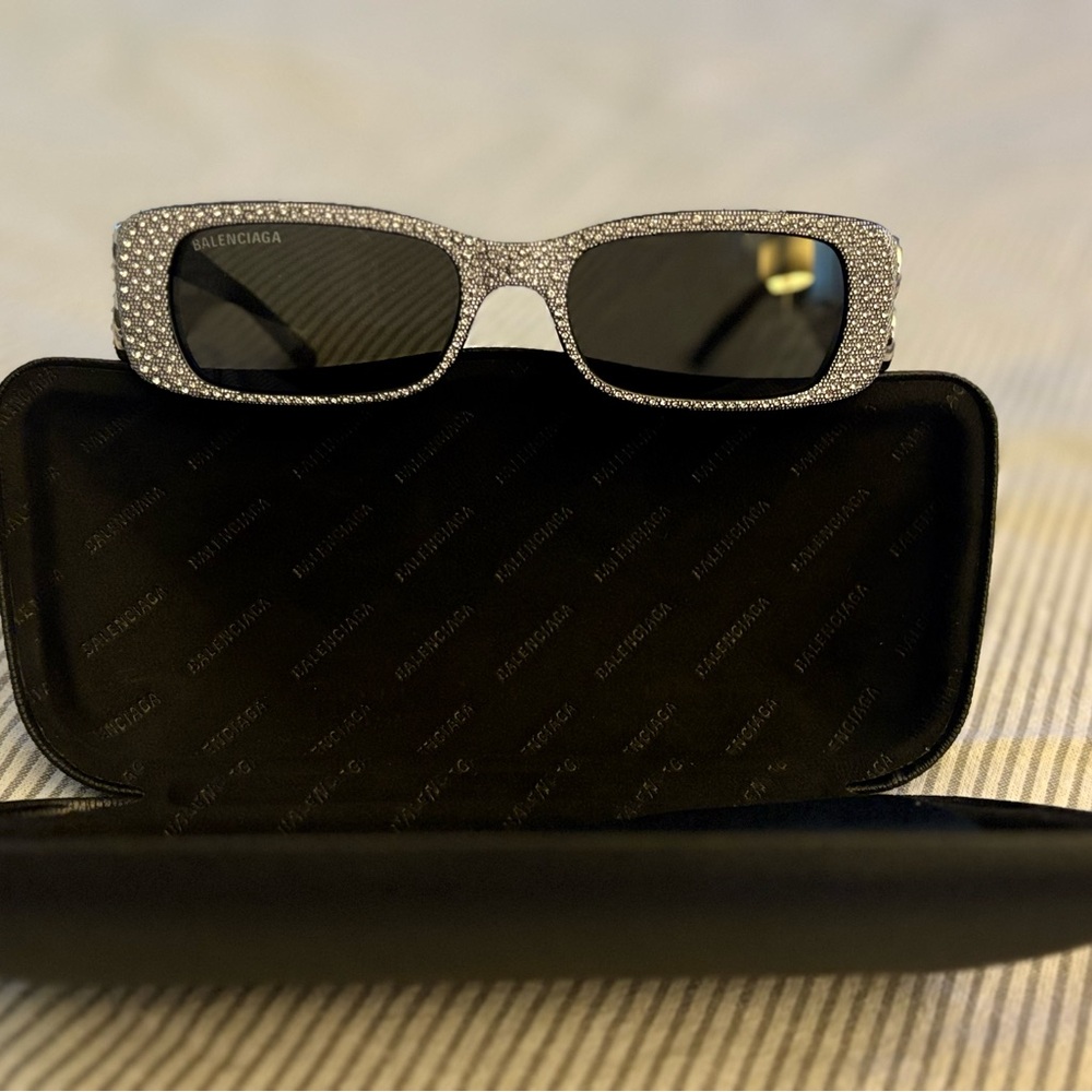 Balenciaga Silver and Black Rectangular Sunglasses